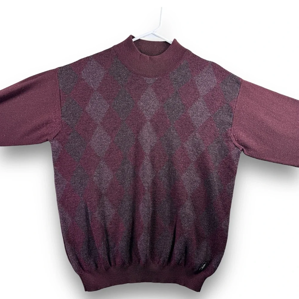 Vintage 90s Argyle Sweater Mens Large Burgundy Grey Mock Neck Pullover Retro